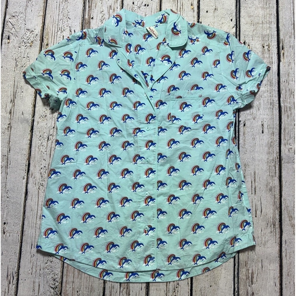 Hanna Andersson Rainbow Dolphin Print Love Pajama Top Button Front Pima Cotton M